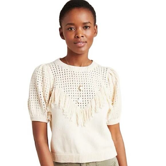 Stella Pardo Paris Anthropologie Creamy Off White Short Puff Sleeve Knit Sweater - Picture 1 of 13